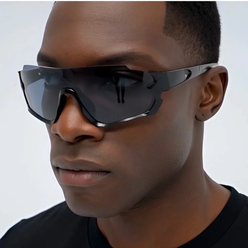 Mens Black Shield Sunglasses Wrap Around Futuristic Sport Techwear Cyberpunk New